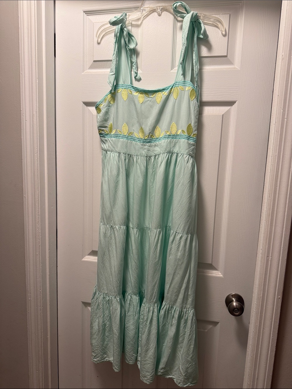 Light Mint Green Tie-Shoulder Maxi Dress with Yellow Leaf Trim